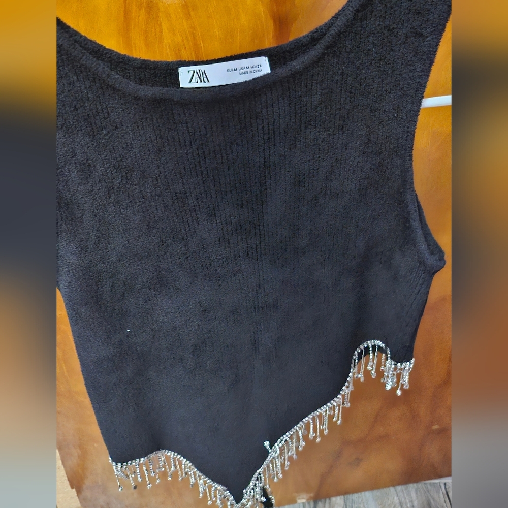 Zara Black Sleeveless Top with Beaded Fringe